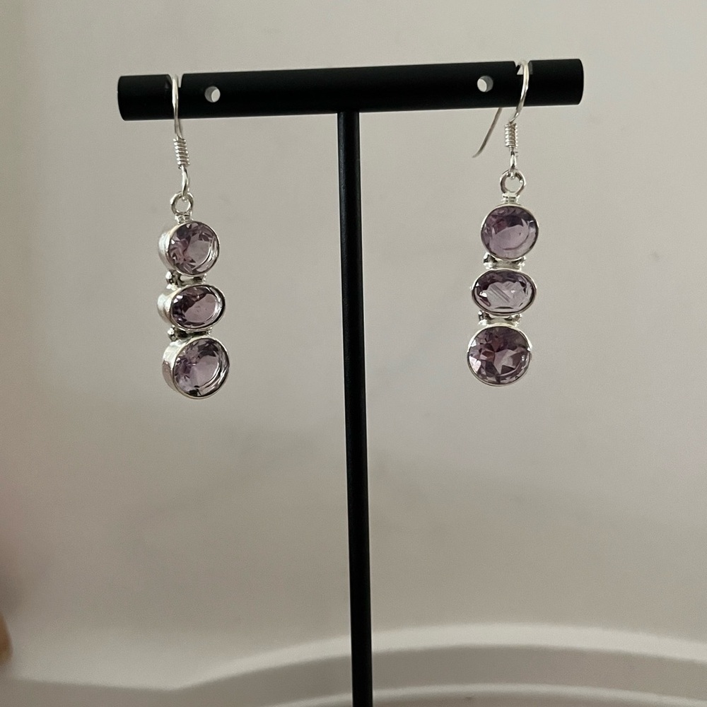 Sterling Silver Purple Stone Drop Earrings | 3 Stone Dangle | Amethyst Look - Picture 3 of 4